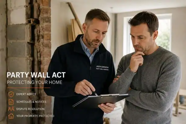 Party wall surveyor Widnes discussing extension plans with homeowner outside a UK semi-detached house.